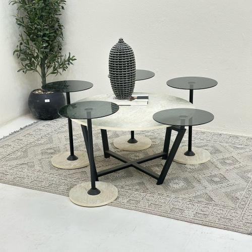 طقم طاولات 5قطع سطح بديل حجر ملمس خشن قاعده حديد ل...