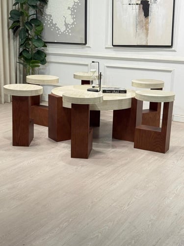 طقم طاولات L قطع7 سطح بديل رخام ناعم قاعدة خشب سند...