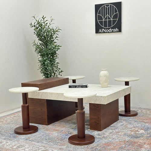 طقم طاولات 5قطع سطح بديل حجر ملمس خشن قاعده خشب قش...