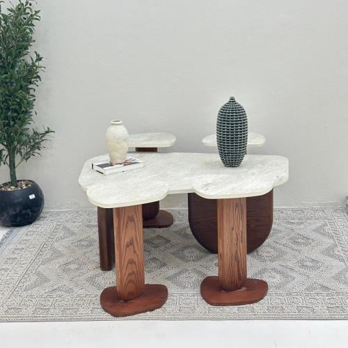 طقم طاولات 5 قطع سطح بديل حجر ملمس خشن قاعده خشب س...