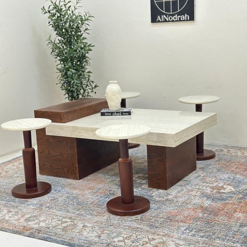 طقم طاولات 5قطع سطح بديل الرخام قاعده خشب قشرة سند...