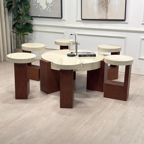 طقم طاولات L قطع7 سطح بديل رخام ناعم قاعدة خشب سند...