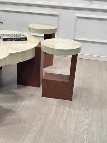 طقم طاولات L قطع7 سطح بديل رخام ناعم قاعدة خشب سند...