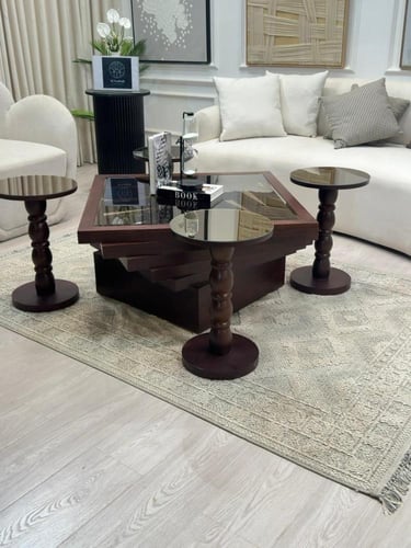 ‏طقم طاولات مربع سنديان 7 قطع بني