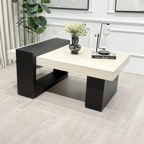 طاولة تقديم سطح بديل رخام ناعم قاعدة خشب لون اسود