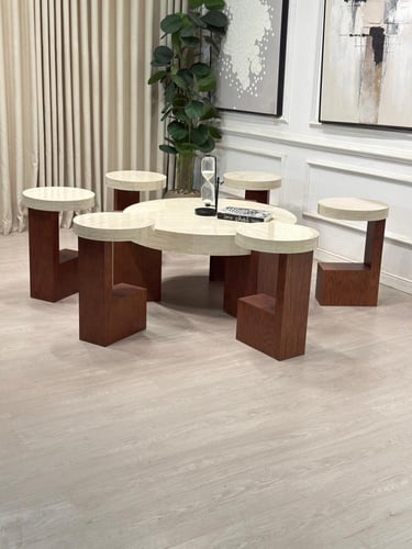 طقم طاولات L قطع7 سطح بديل رخام ناعم قاعدة خشب سند...