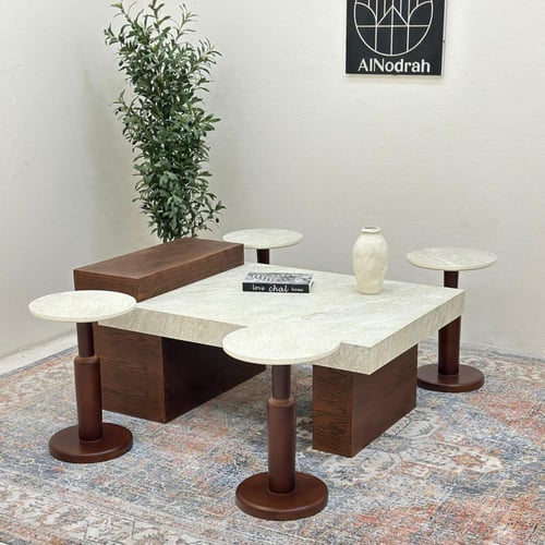 طقم طاولات 5قطع سطح بديل حجر ملمس خشن قاعده خشب قش...