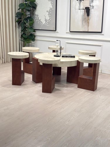 طقم طاولات L قطع7 سطح بديل رخام ناعم قاعدة خشب سند...