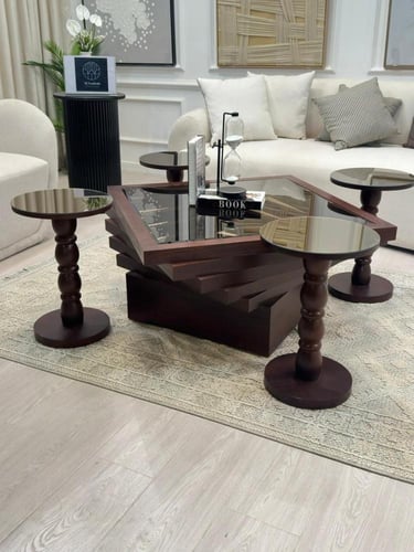 ‏طقم طاولات مربع سنديان 7 قطع بني