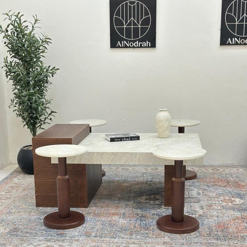 طقم طاولات 5قطع سطح بديل حجر ملمس خشن قاعده خشب قش...