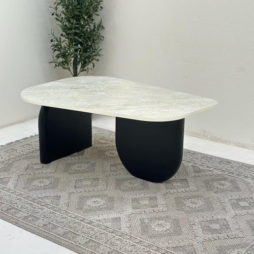 طاولة قهوة سطح بديل حجر ملمس خشن قاعده خشب لون اسو...