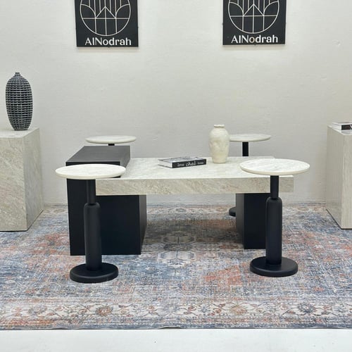 طقم طاولات 5قطع سطح بديل حجر قاعده خشب قشرة سنديان...