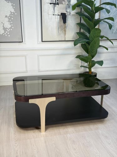 طاولة تقديم دورين دور بسطح زجاج عسلي وخشب سنديان ب...