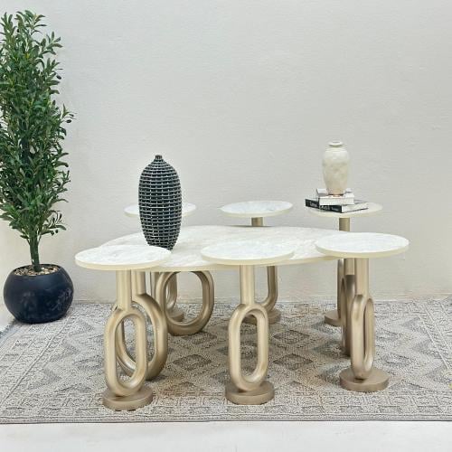 طقم طاولات 7قطع بديل حجر ملمس خشن قاعده خشب لون مك...