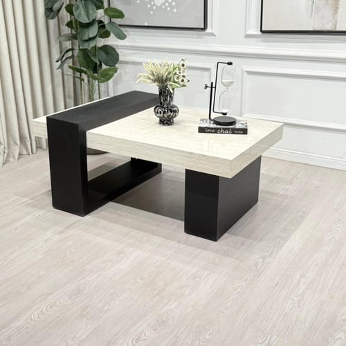 طاولة تقديم سطح بديل رخام ناعم قاعدة خشب لون اسود