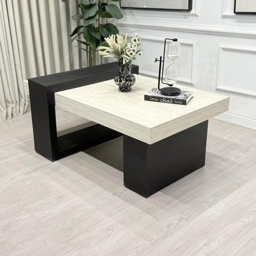 طاولة تقديم سطح بديل رخام ناعم قاعدة خشب لون اسود