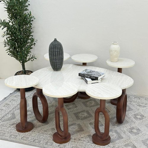 طقم طاولات 7قطع سطح بديل الرخام ملمس ناعم قاعده خش...