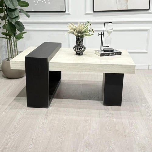 طاولة تقديم سطح بديل رخام ناعم قاعدة خشب لون اسود