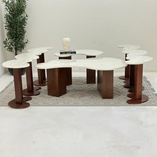 طقم طاولات 8قطع سطح بديل الرخام قاعده خشب لون بني