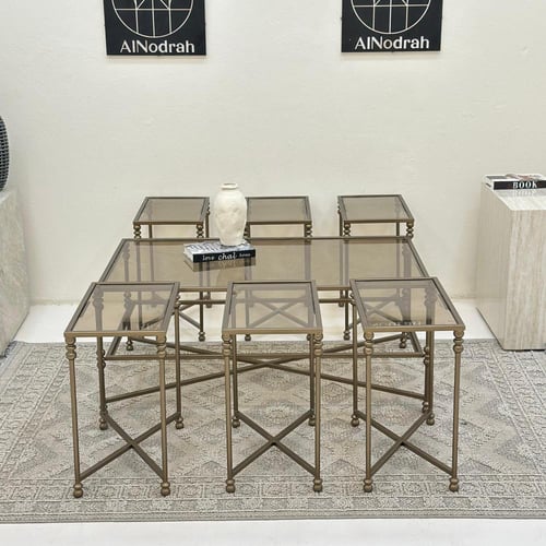 طقم طاولات 7قطع سطح زجاج قاعده حديد لون زيتي معدني