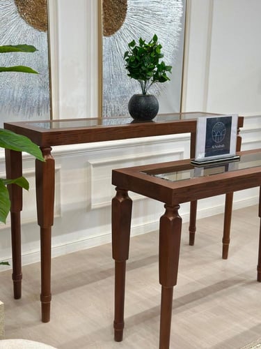 طقم طاولات مداخل قطعتين بسطح زجاج شفاف وخشب قشرة س...