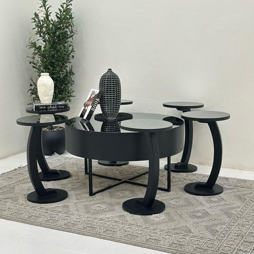 طقم طاولات دائري مرايا اسود 7قطع