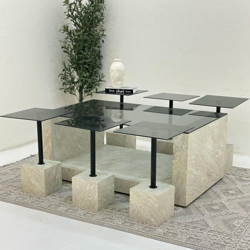 طقم طاولات يو 7 قطع سطح زجاج اسود قاعده بديل حجر