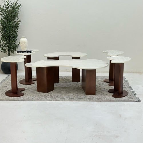 طقم طاولات 6قطع سطح بديل الرخام قاعده خشب لون بني