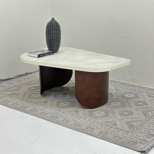 طاولة قهوة سطح بديل حجر ملمس خشن قاعده حديد لون بن...