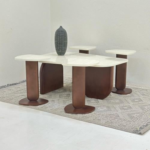 طقم طاولات ايسكريم 5 قطع بني سطح بديل رخام