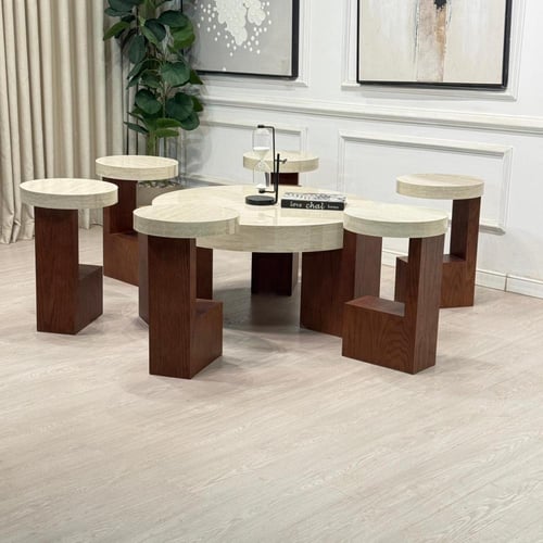 طقم طاولات L قطع7 سطح بديل رخام ناعم قاعدة خشب سند...