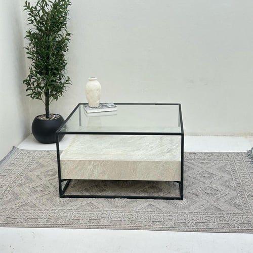 طاولة قهوه سطح زجاج شفاف بالنصف بديل حجر قاعده حدي...