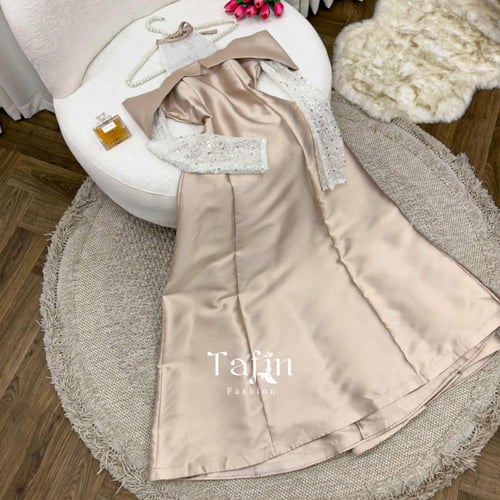 فستان سهرة فخم بيج طويل باكمام