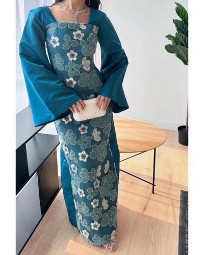 فستان ناعم مزين بخرز لون ازرق