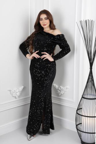 فستان سهرة طويل أسود بترتر لامع وتصميم كمين