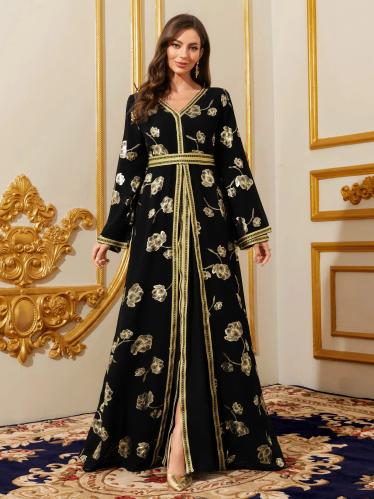 قفطان نسائي عربي مزخرف بالزهور – فستان إسلامي طويل لرمضان