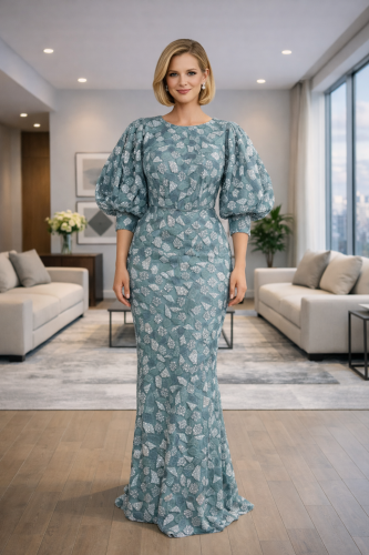 فستان سهرة استريتش بتصميم أنيق مع تفاصيل مزخرفة وأ...