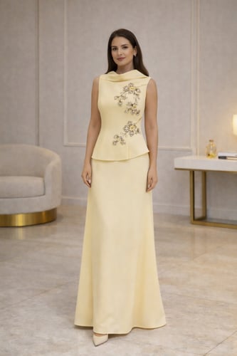 فستان إشراقة الفخامة مطرز بالكريستال بوشاح ملكي