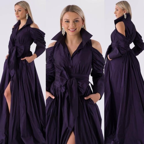 فستان سهرة منفوش بتفاصيل فتحة جانبية وحزام