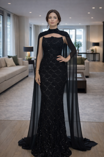 فستان سهرة بتطريز لامع وتصميم كاب خلفي