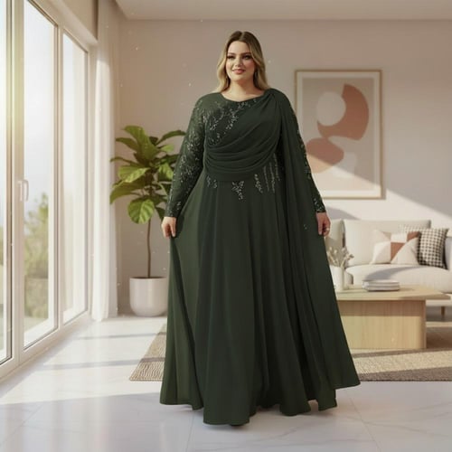 فستان سهرة بتصميم رائع مع درابيه مزخرف وأكمام طويل...