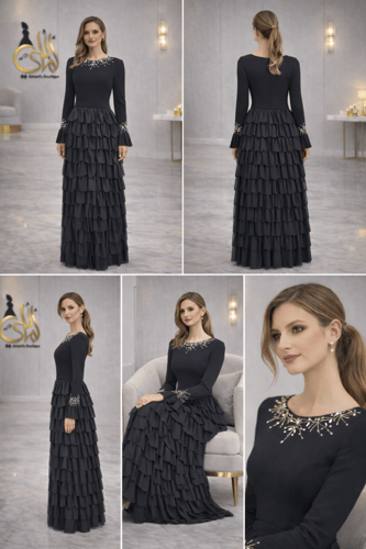 فستان السهرة الملكي بطبقات الشيفون السوداء