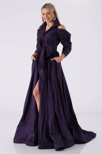 فستان سهرة منفوش بتفاصيل فتحة جانبية وحزام