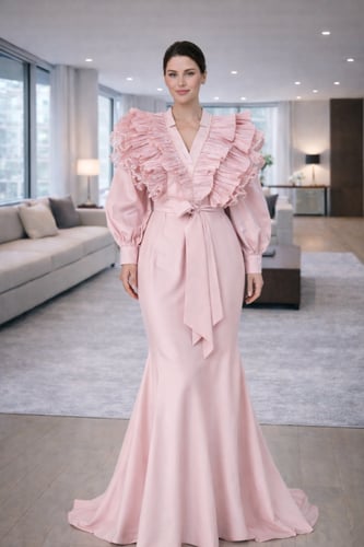 فستان سهرة بتفاصيل ريش وحزام على الخصر