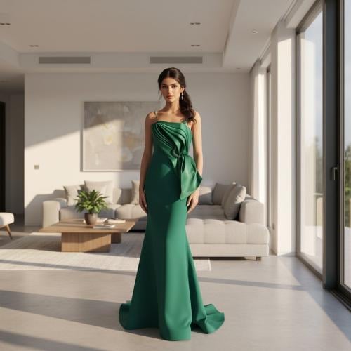 فستان سهرة أخضر بتصميم عصري مع عقدة جانبية