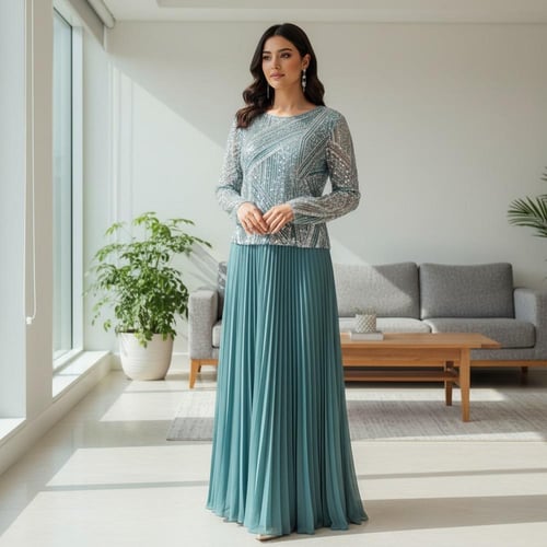 فستان سهرة بتصميم مميز مع تفاصيل لؤلؤية على الأكما...