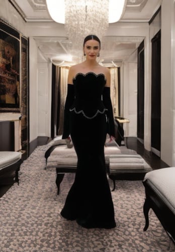 فستان سهرة طويل بتفاصيل تطريز لؤلؤي وأكمام طويلة