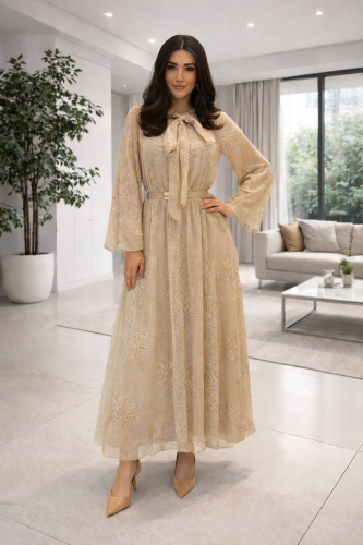 فستان شامبين دانتيل بربطة أنثوية فاخرة