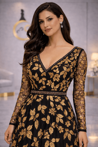 فستان سهرة أسود مطرز يدوياً بتفاصيل ذهبية فاخر