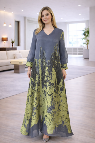 جلابية نسائي بتصميم مزخرف بألوان الرمادي والأخضر م...